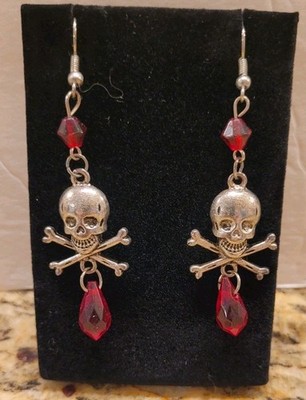 Whimsical Halloween Skull Bead Dangle Pierced Earrings Silvertone Red Goth