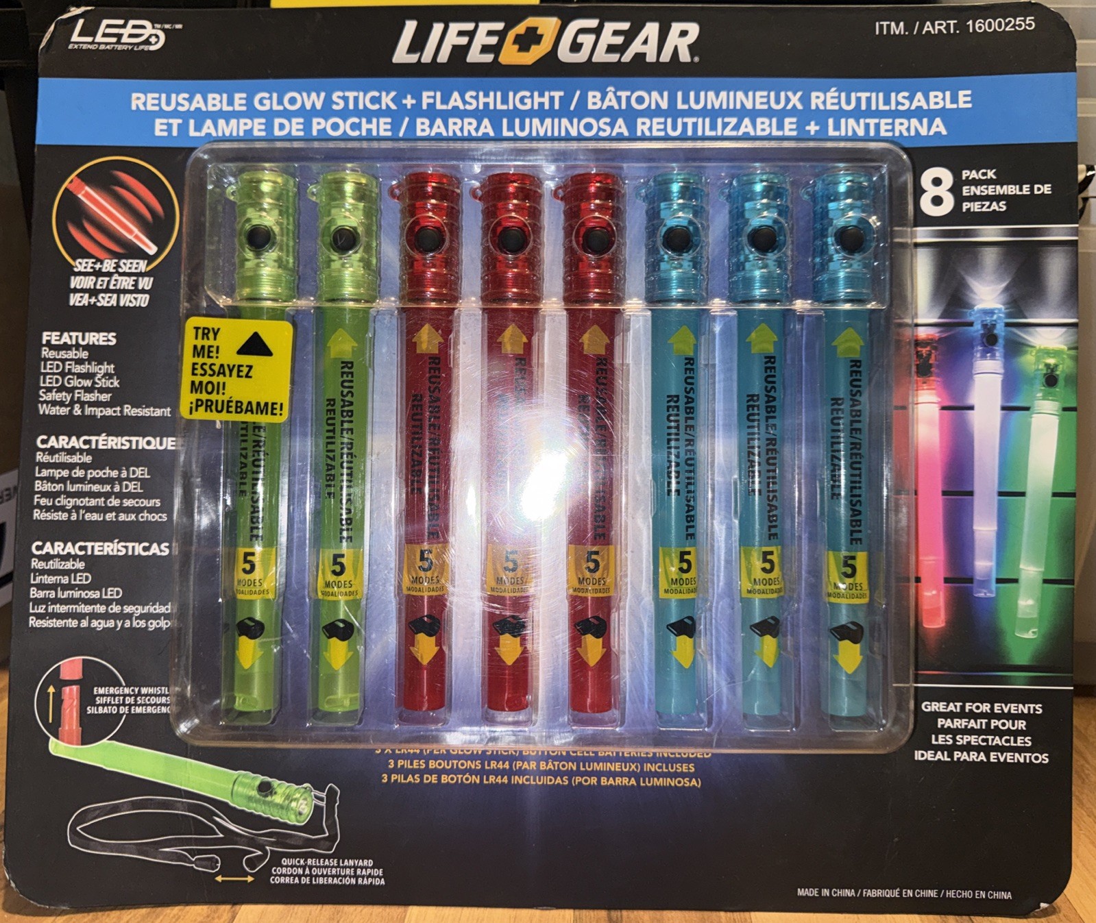 LIFE+GEAR 8pk Reusable LED Glow Stick & LED Flashlight Emergency Whistle Safety
