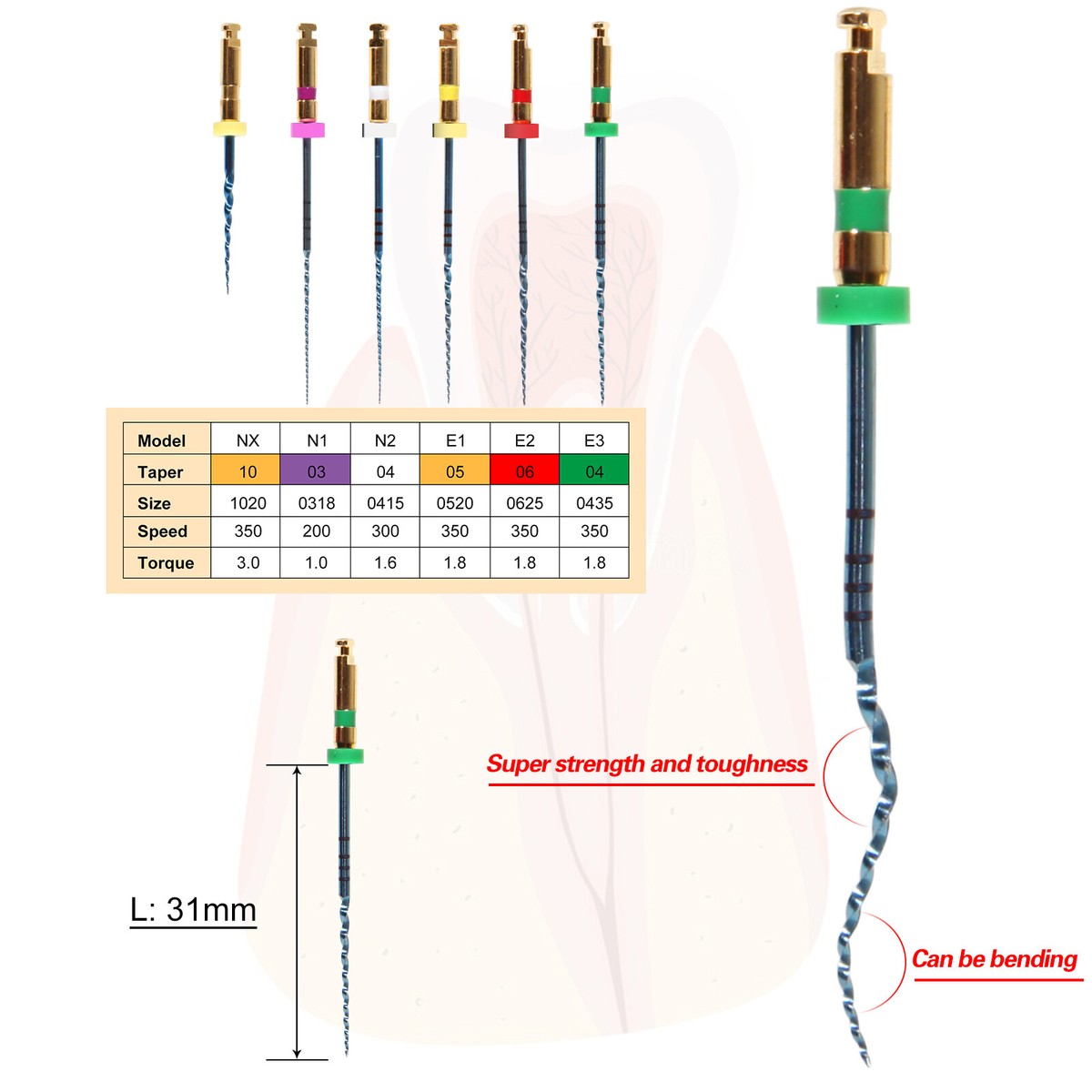 Dental Endo Root Canal NiTi Super Rotary Files Engine Use NX 31MM