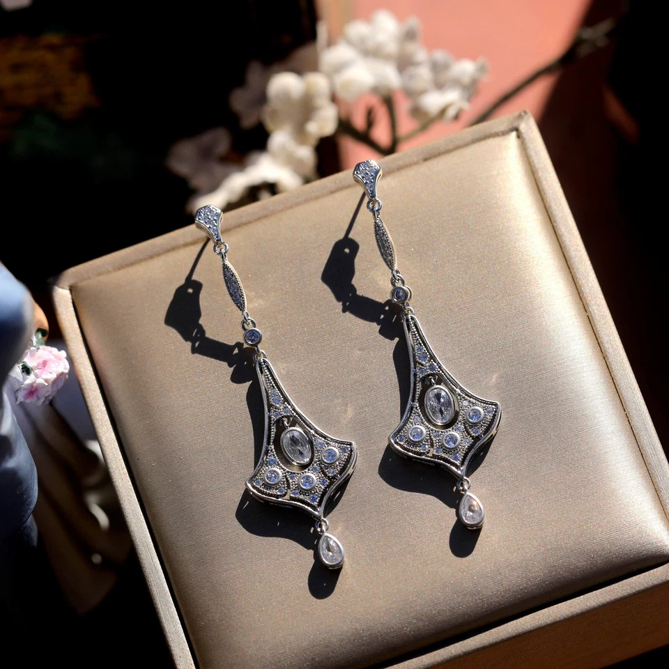 Ohrringe Lang Art Déco Clip On Silber Kerzenständer Cz Weiß Tropf SC1 - Bild 3 von 4