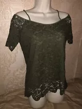 New York & Company Soho Jeans Cold Shoulder Top Womens XS Lace Olive Green NYC