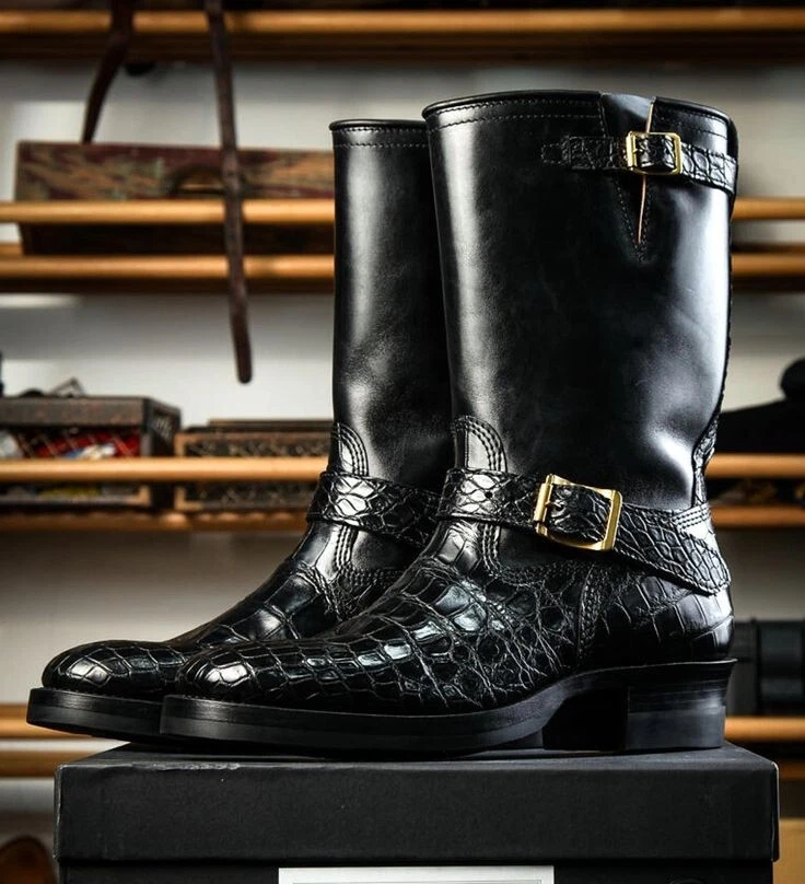 Handmade Black Crocodile Leather High Ankle Hiking Buckle Boots For Mens