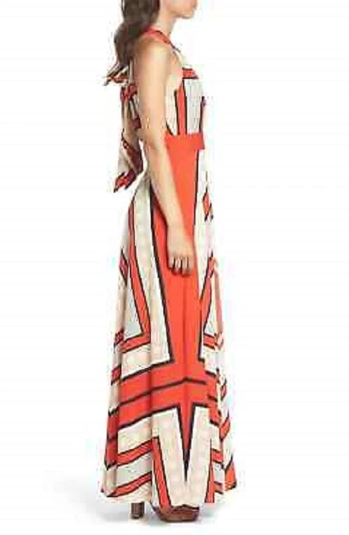 ELIZA J Poppy 条纹围巾印花绉纱下巴领结长裙 0P — 第 4/4 张图片