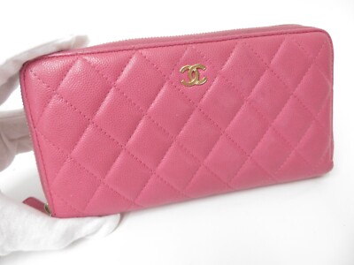 Authentic CHANEL Leather Matelasse Zip Around Long Wallet #41395