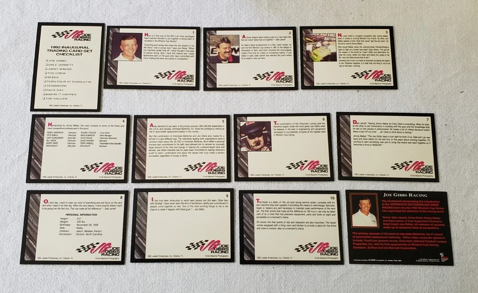 1992 Joe Gibbs Enterprises COMPLETE Insert Set & Hologram NASCAR Racing 11 Cards - Image 3 of 3