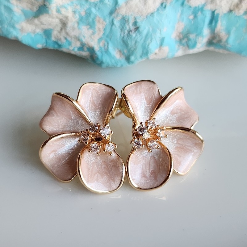 925 Sterling Silver Enamel White Sapphire Flower Earrings 14k Yellow Gold-Plated