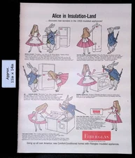 1958 OWENS-CORNING FIBERGLAS Alice In Insulation-Land & Rabbit Print Ad 50642