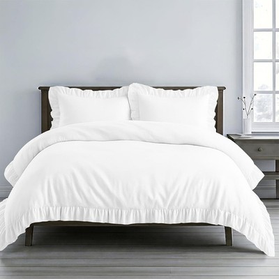 3 Pc White Ruffle Trim Duvet Cover Set Queen/Full Size -100% Egyptian Cotton 600