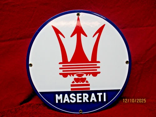 Vintage MASERATI Automotive Porcelain Heavy Gage Metal, Automotive Sign 11 3/4"s