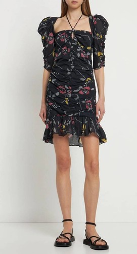 Isabel Marant Etoile Galdino Ruched Floral Print Ruffle Mini Dress Size 36 NWT