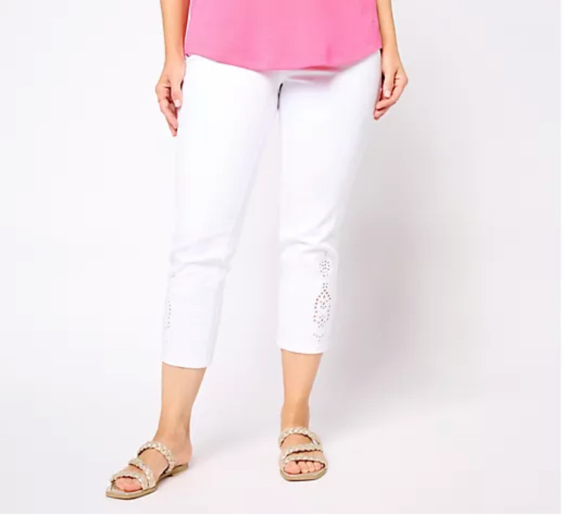 Isaac Mizrahi Live! 16 White Regular True Denim Crop Jeans w/ Eyelet Embroidery