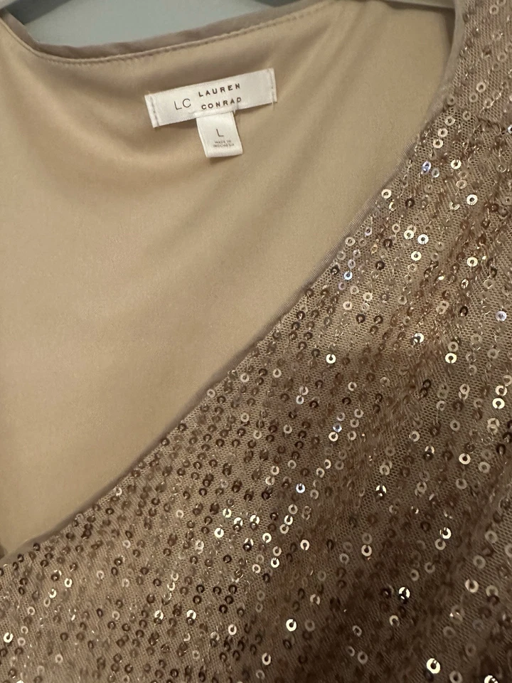 Mini vestido de festa feminino champanhe lantejoulas manga longa decote em V com cinto - Imagem 3 de 4