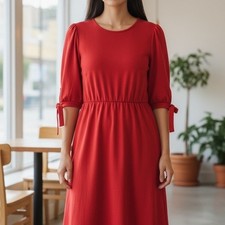 Women Red Elastic Waist Midi Dress 2XL