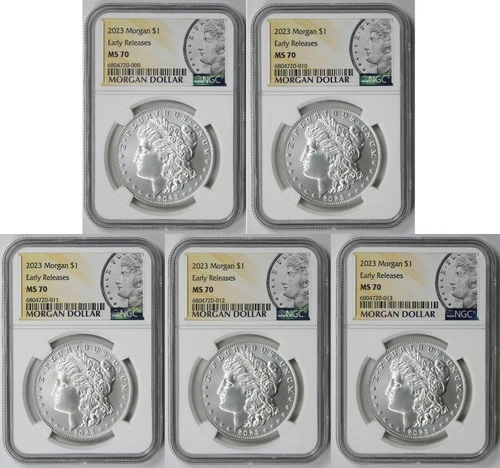Lot 5 Coins 2023 Morgan Dollar $1 MS 70 NGC Early Releases