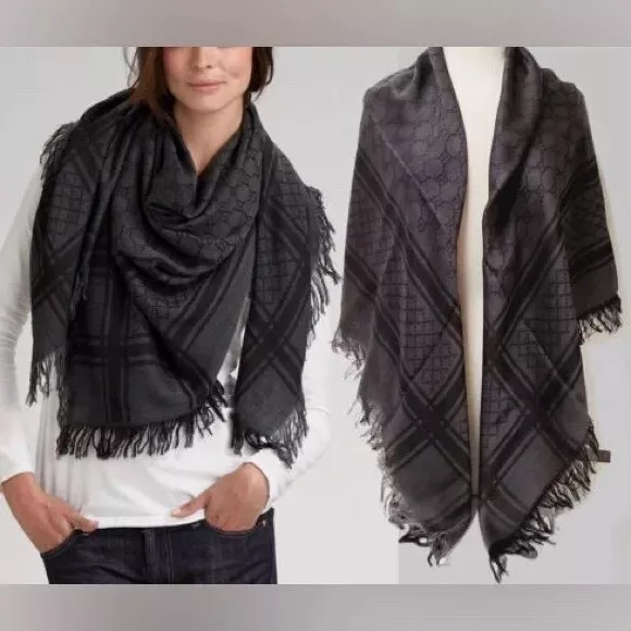 neuf avec étiquette GUCCI GG ÉCHARPE DIAMANT LAINE SOIE GRIS NOIR SURVIE CHÂLE ENVELOPPE