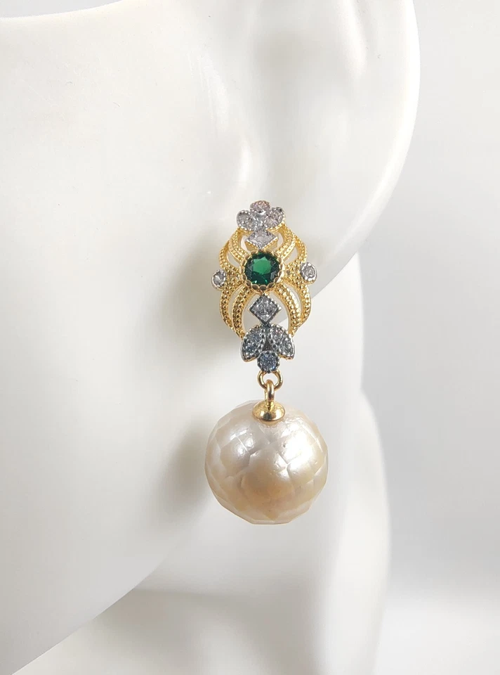 Редкий супер большой 13 мм морской воды белый жемчуг серьги 14 карат желтое золото изумруд - Изображение 4 из 4