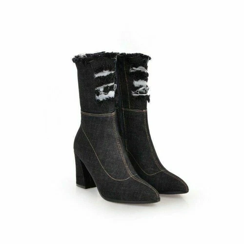 Damen Stiefeletten Schuhe Denim mittlere Wade spitz hohe Absätze gerissener Lochreißverschluss neu - Bild 11 von 16