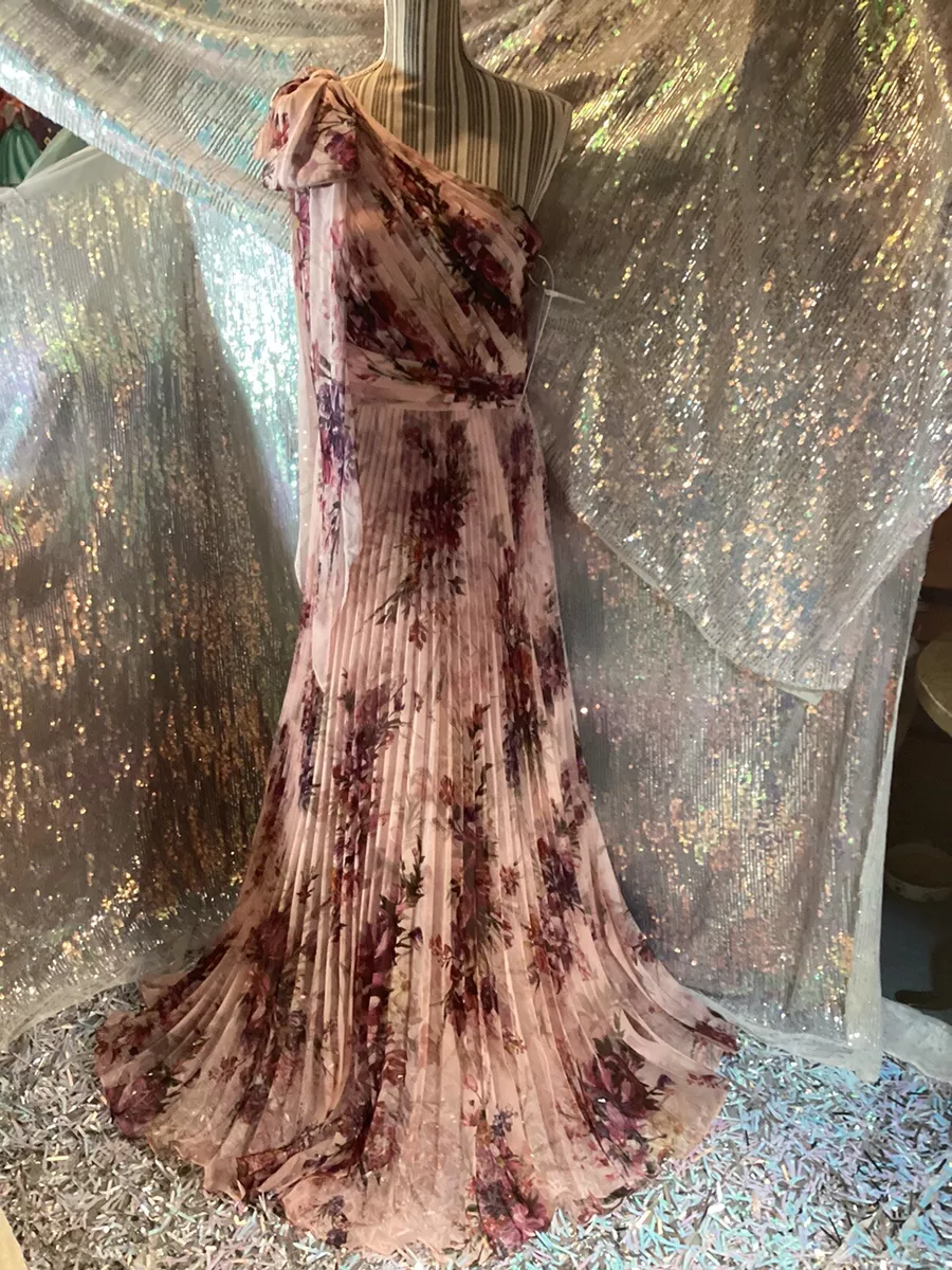 Marchesa Notte Size 8 Women’s Blush Floral Asymmetrical Pleated Gown NWT