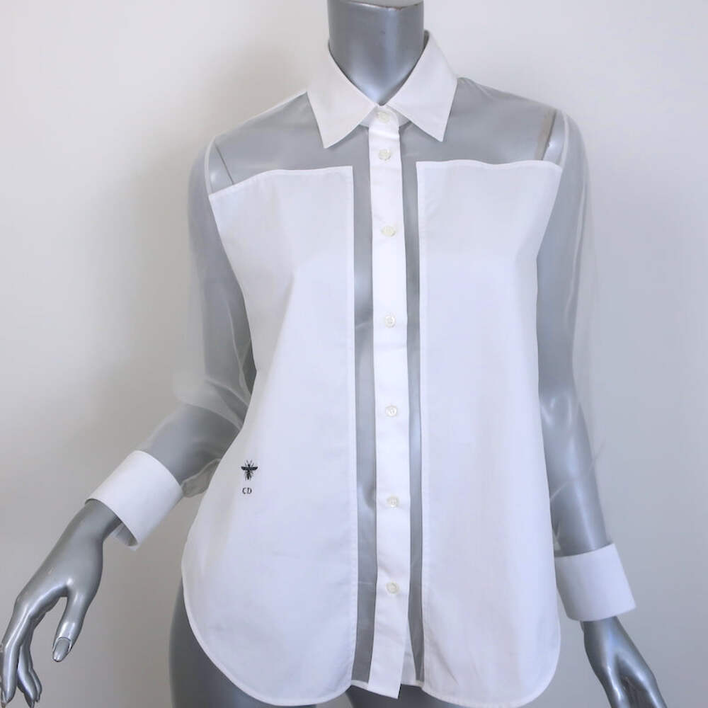 Christian Dior Cotton-Paneled Organza Blouse White Size 36