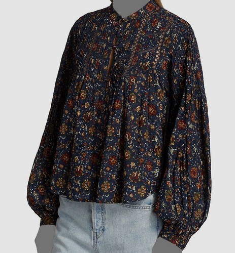$398 Veronica Beard Women's Blue Floral Sherwood Band Collared Blouse Top Size 8