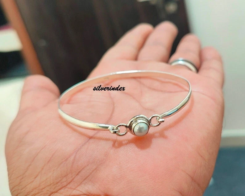 Pearl Gemstone 925 Sterling Silver Adjustable Girl's For Gift Bangle SV2012 - Image 2 of 4