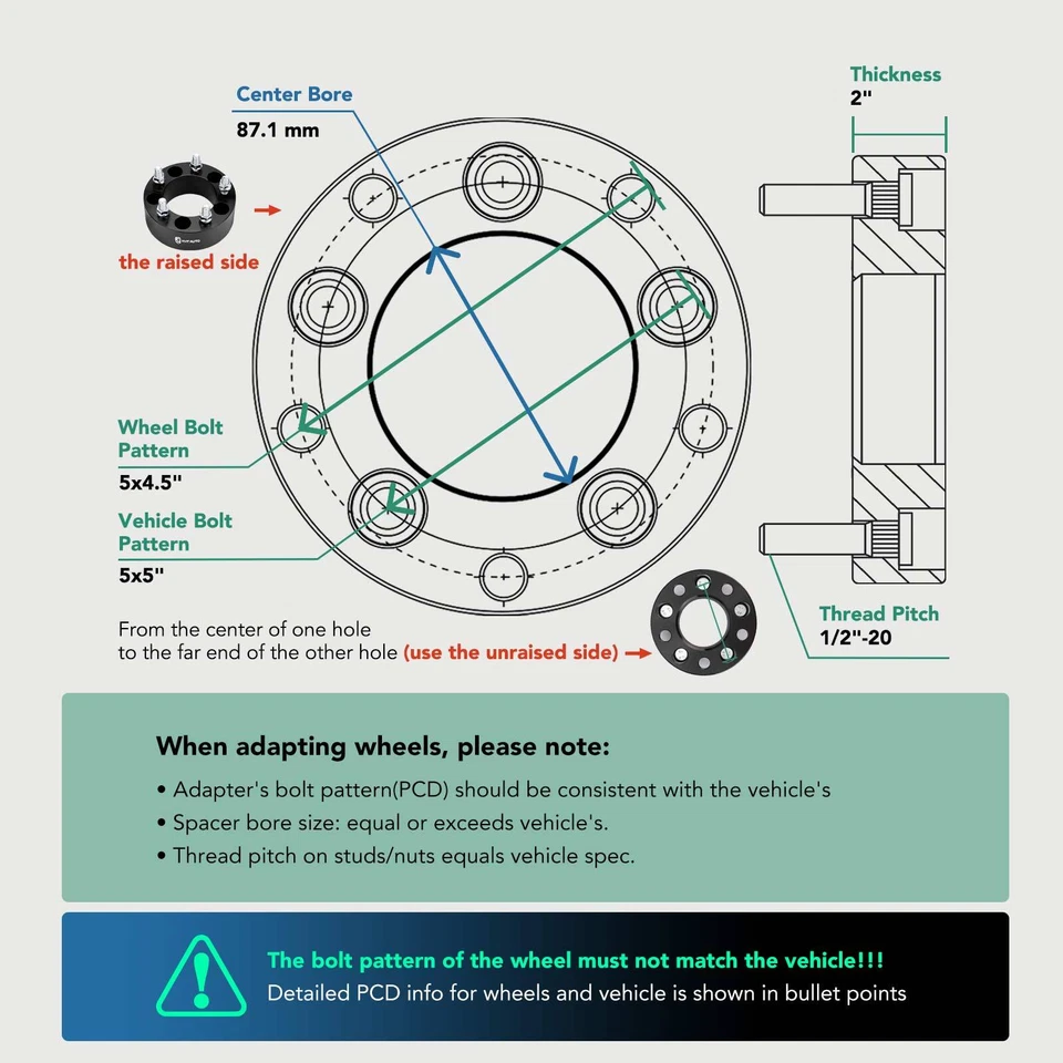 Adaptador de rueda 2 piezas 5x5,5 a 5x4,5 1/2"-20 87,1 mm 2" para Ford F-150 Dodge Durango Foto 3 de 4