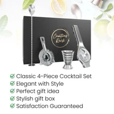 Stainless Steel Cocktail Kit - 4 - Piece Set with Strainer, Jigger & Spoon