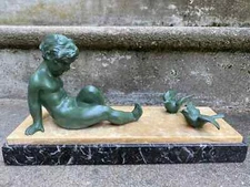 LUCKY GORY SUP. SCULPTURE "CHILD & BIRDS" BRONZE ART DECO STATUE
