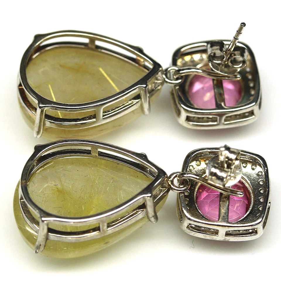 925 Sterling Silver Golden Rutile Quartz, Pink Topaz & Zircon Earrings - Изображение 3 из 4