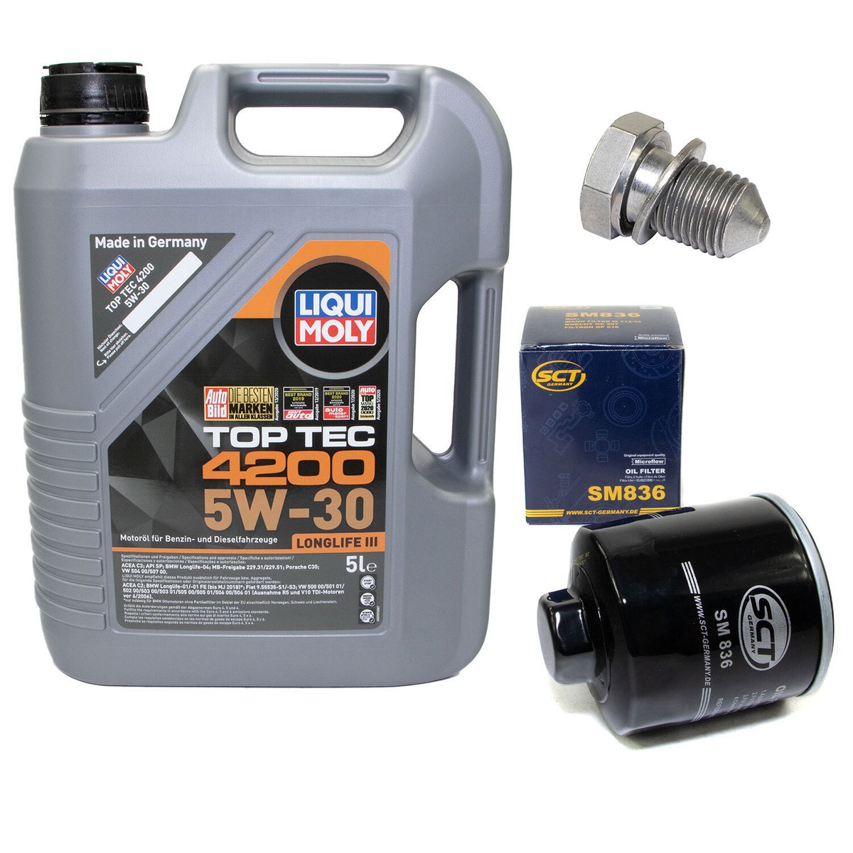 Motoröl-Set 10W40 5 Liter + Ölfilter SM836 + Ölablassschraube 48871 – Kompletter Ölwechsel
