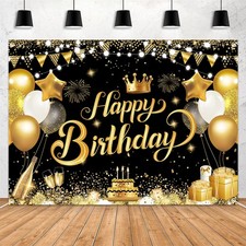 7x5ft Happy Birthday Backdrop Banner - Black Gold Glitter Balloon Theme Photo...