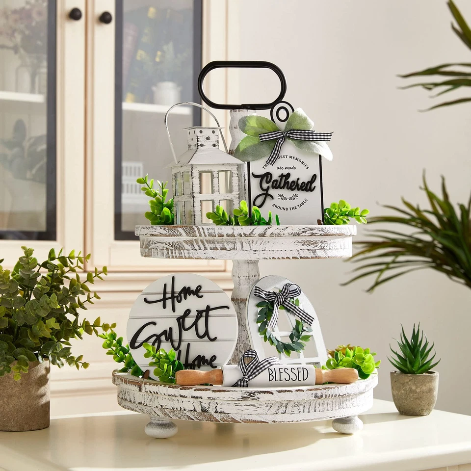 Set of 16 Farmhouse Tiered Tray Decor with 1 Lantern Artificial Plant& Cuttin... - Image 2 of 4