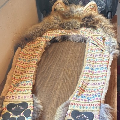 SpiritHoods Wolf Faux Fur Hooded Scarf, Geometric Beige Multicolor