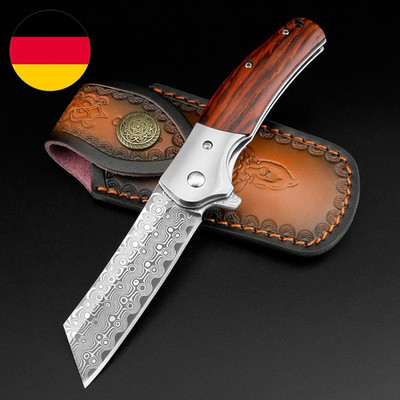 AUBEY Damast Taschenmesser Klappmesser Mit Damaststahl Klinge, Holzgriff, Flippe