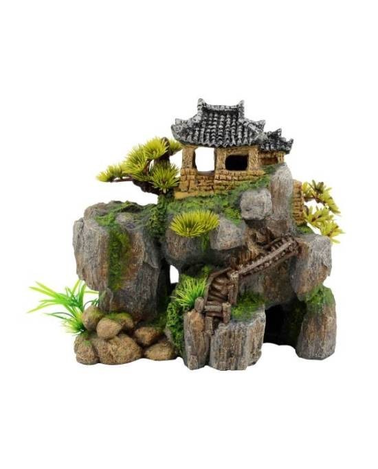 Déco aquarium temple asiatique falaise résine saine Aquavie pour bac communautaire