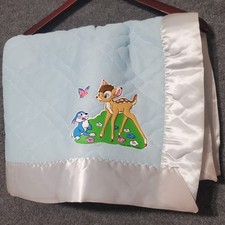 Vintage Disney Bambi And Friends Baby Crib Blanket Comforter USA Blue 90s Kids