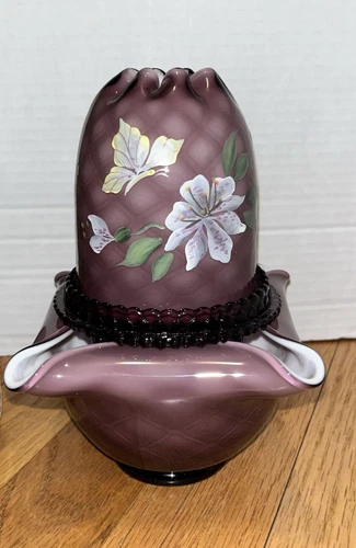 Fenton QVC "Sweetbriar" Art Glass Plum Purple Overlay Fairy Lamp