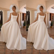 Square Neck Satin Wedding Dress Sleeveless Ruching A-Line Minimalist Bridal Gown