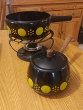 Vintage Enamel Fondue Pot Set Mid Century Mod PERK of Switzerland No Untensils