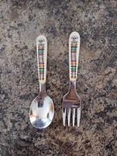 Vtg. Mexico Baby Spoon/fork Stainless Steel Enamel Train Handle Kids Flatware