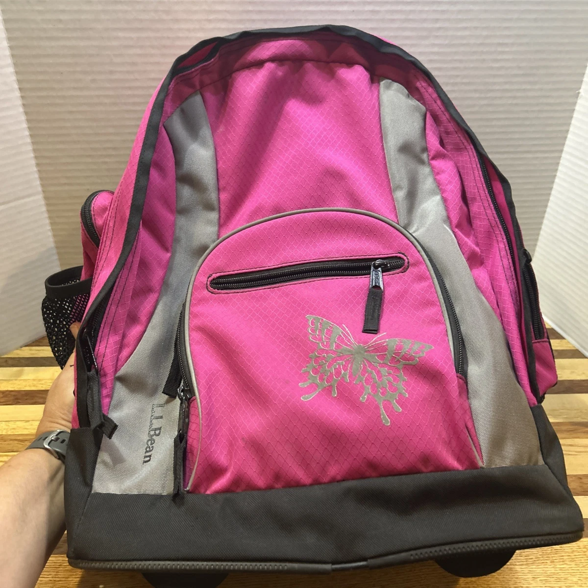 LL Bean Backpack Pink Black Multiple Compartments Headphone Port Computer Pocket LL Bean Deluxe big backpack pink with initials AKF | eBay main image 2
