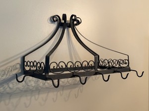 VTG WROUGHT IRON RECTANGULAR FARMHOUSE HANGING UTENSIL / POT RACK 18"wX9dX 11" t