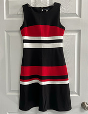 Tommy Hilfiger Black/Red/White Striped Fit & Flare Dress Sleeveless - Size 6 EUC