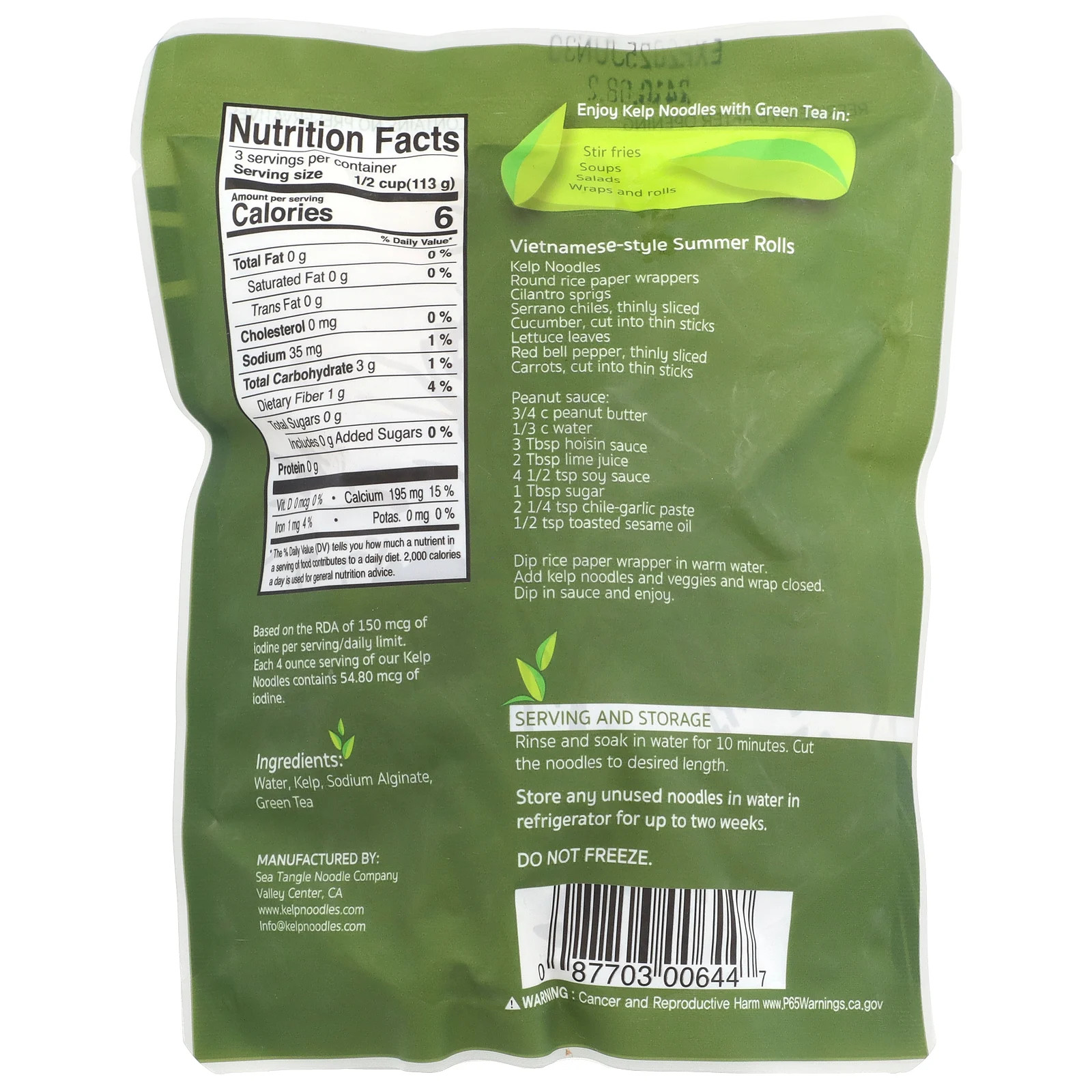 Sea Tangle Noodle Company Kelp Noodles with Green Tea 12 oz 340 g Gluten-Free,