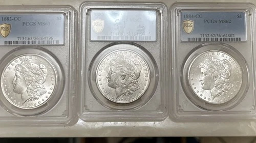 1882-CC,1883-CC,1884-CC LOT MORGAN SILVER DOLLARS PCGS MS UNC