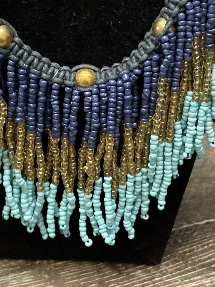 Lux Accessories Beaded Fringe Necklace Blue Gold Turquoise Boho Statement - Image 2 of 4