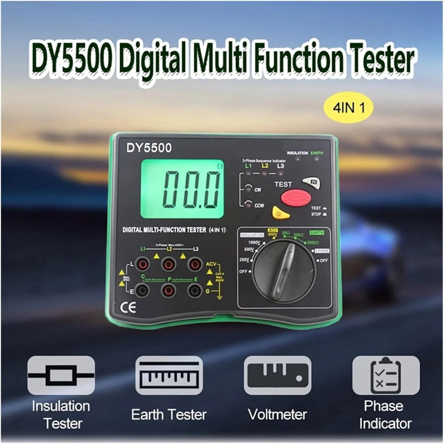 Insulation resistance tester 4-in-1: Grounding, Phases, AC 600V, 1000V/20GΩ
