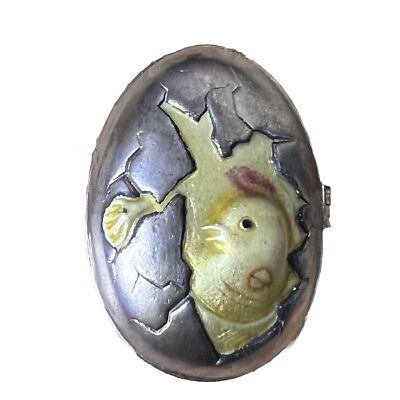 Antique 1910 Pill Box Egg Shaped Metal Yellow Chick Hatching Blue Enamel Inside