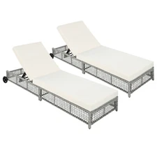 Rattan Outdoor Lounge Chair Set of 2 w 5-Position Backrest & Cushion, Grey+Beige