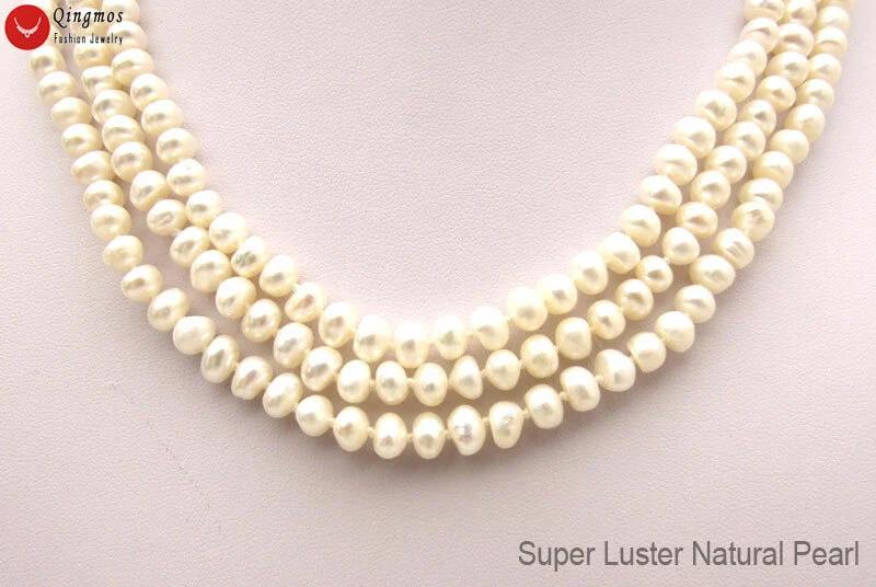 Collar de perlas blancas naturales redondas planas de 6-7 mm para mujer 3 hilos 20-22" nec1522 Foto 3 de 4